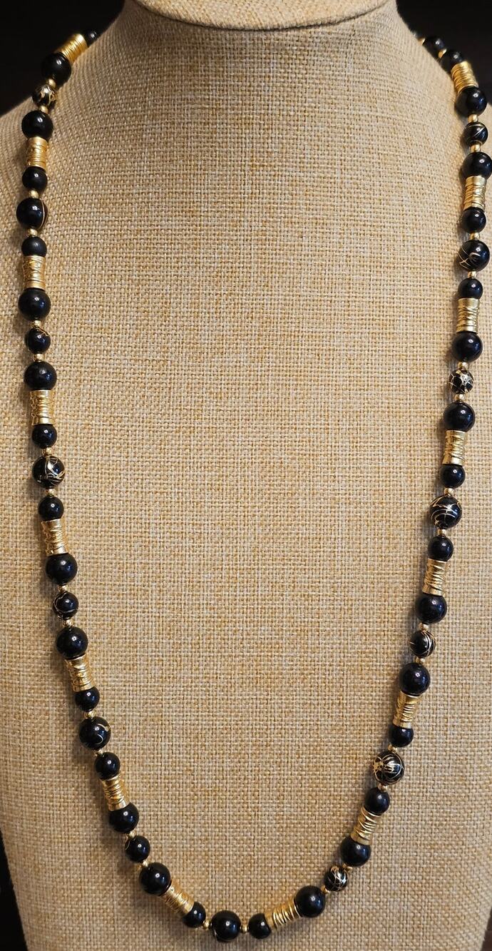 Vintage 1970's Oleg Cassini Marked OCLi Black Onyx Gold Tone Station beads 29"